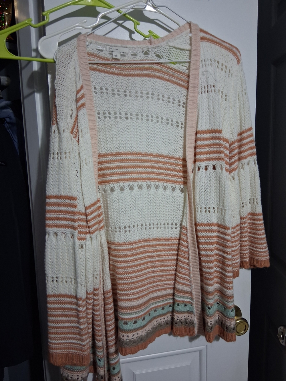Cato Open-Front Striped Knit Cardigan in Cream, Rust & Seafoam